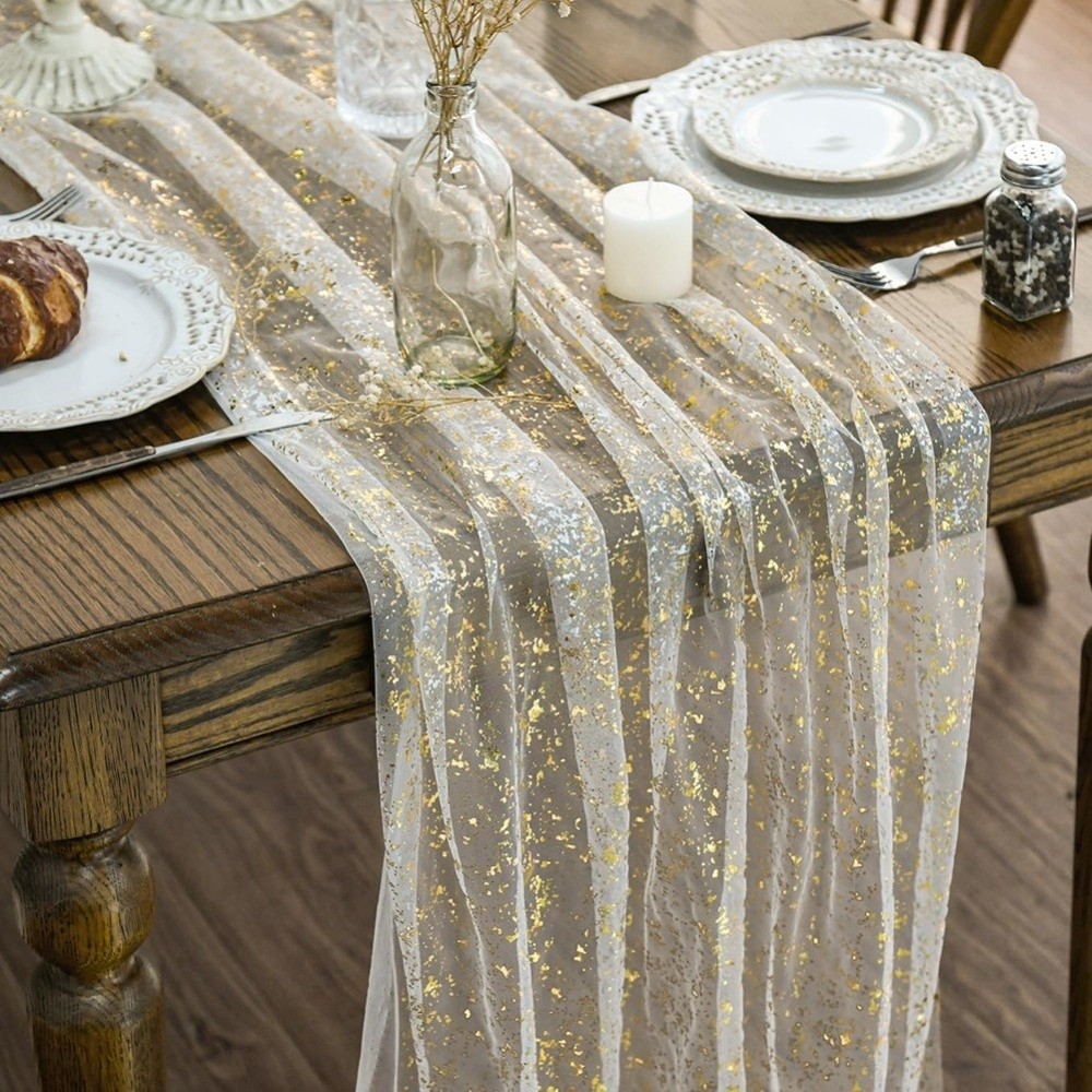 Table Runner Sequin - Altın Pullu Simli Sıcak Baskılı Masa