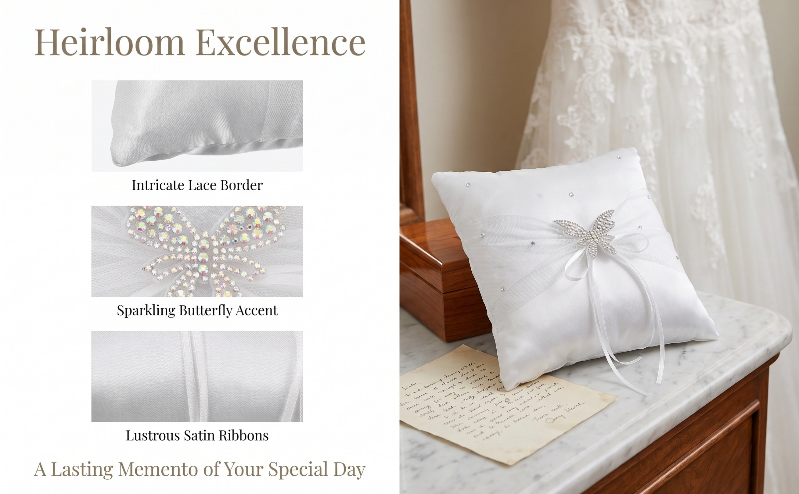Ring Bearer Pillow - Beyaz Saten Düğün Yüzük Yastığı, Taşlı