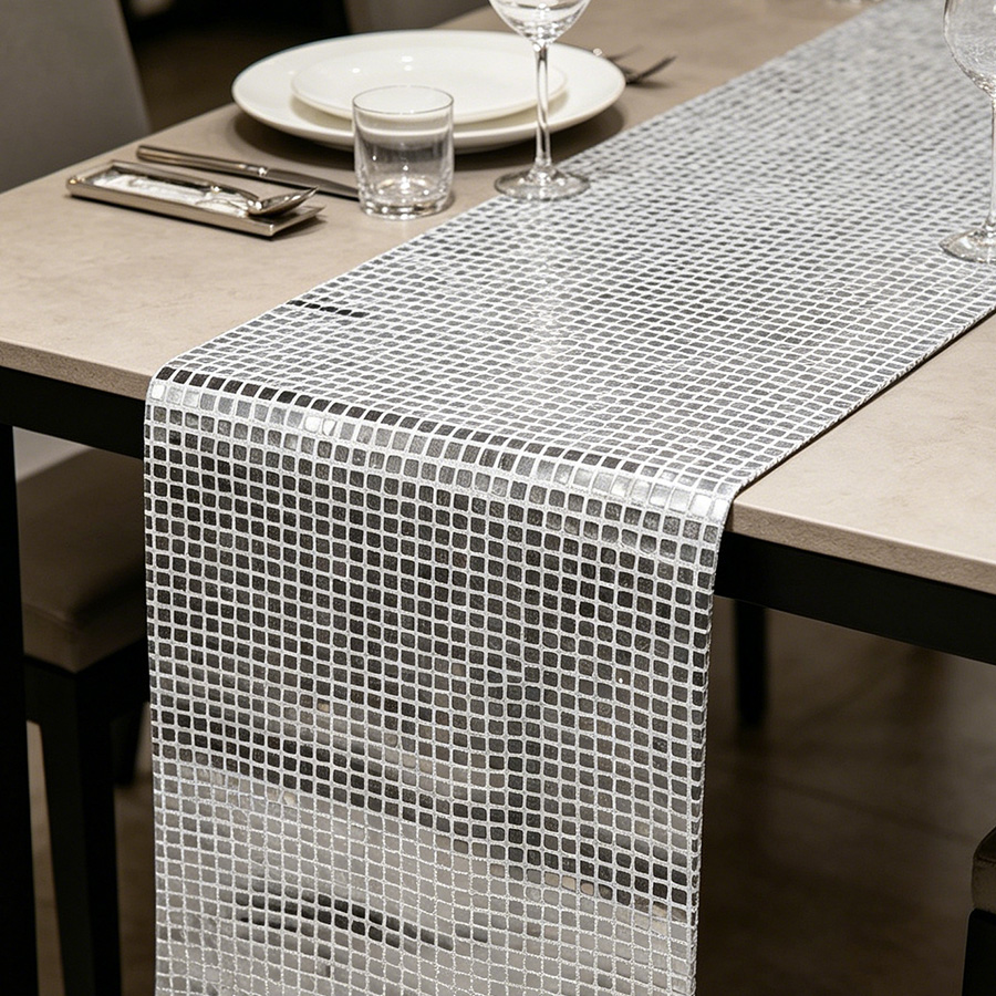 Table Runner Sequin - Ayna Gümüş Payet Masa Koşucu 70'ler