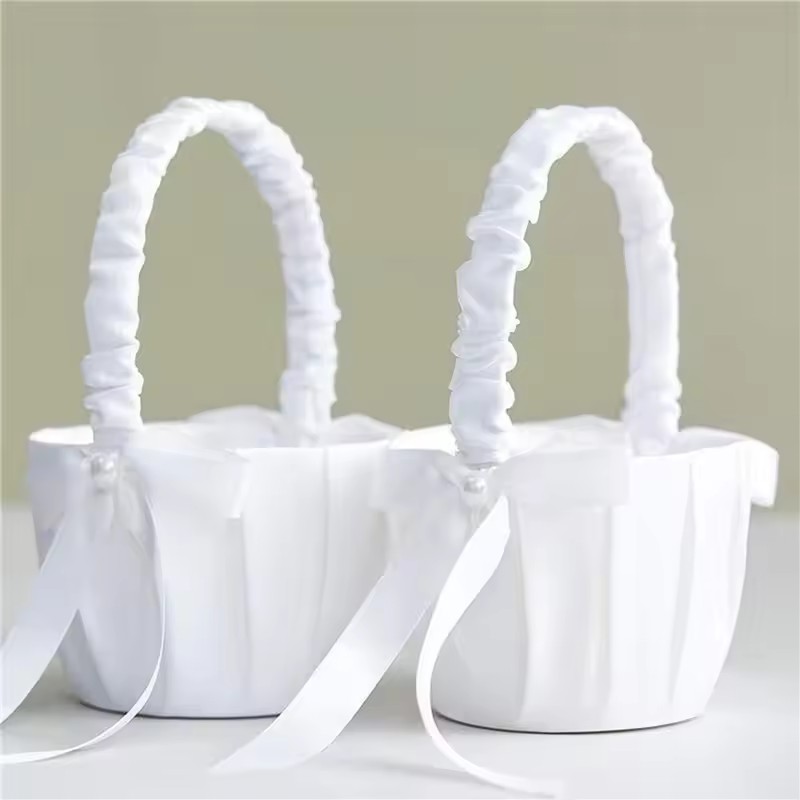 Wedding Hampers - Düğün Beyaz Saten Fiyonk Çiçek Sepeti